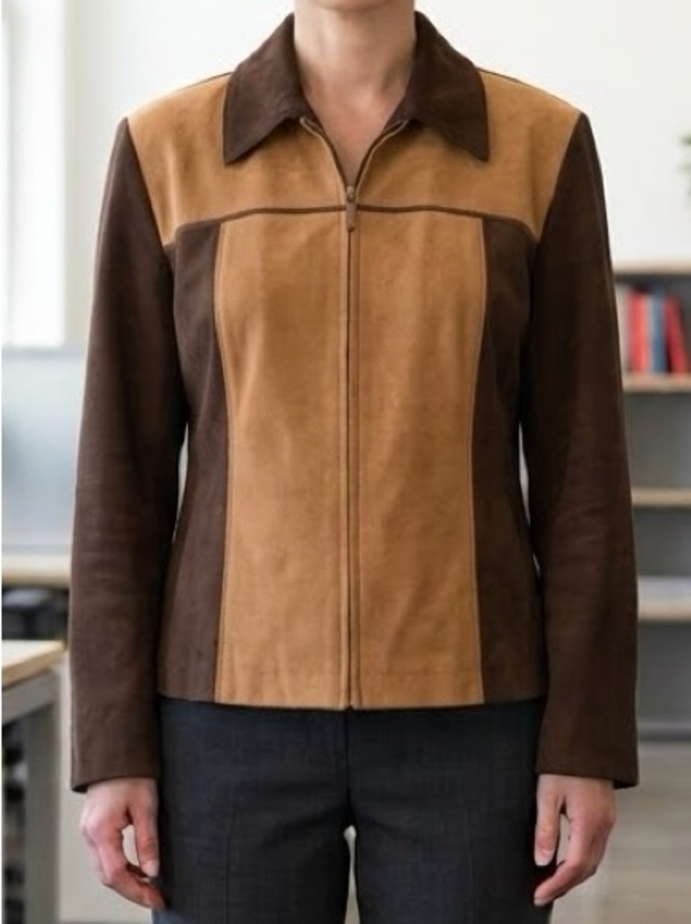 Briggs NY Petite Brown Faux Suede Colorblock Zip Up Jacket Sz MP EUC Fall Office